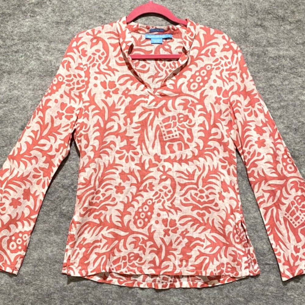 Island Company Womens Tunic Top Small Salmon V-Neck White Floral Blouse Elephant
